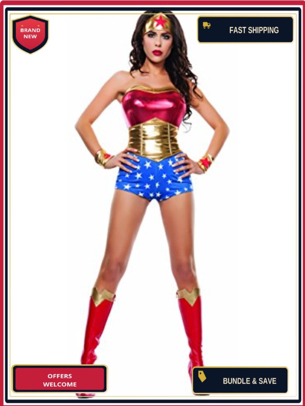 Starline Lady Power Cosplay 4 Piece Costume Set Romper Cincher Headpiece Cuffs